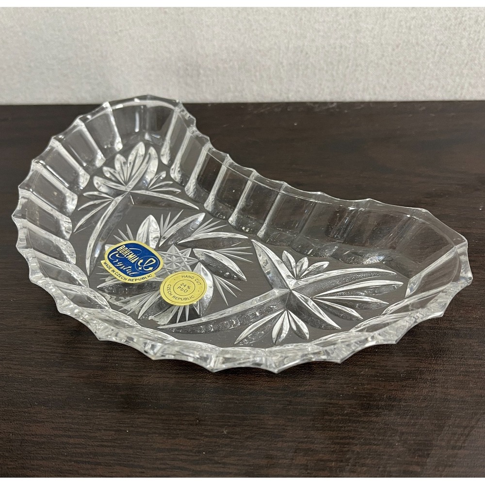 BOHEMIA Crystal Vintage Glass Dish Crescent Candy‎ MCM Czech Curved Hand Cut